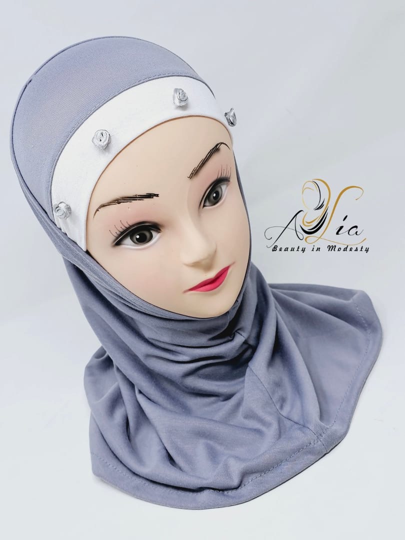 Gray/White Two Piece Flowers Little Girls' Hijab