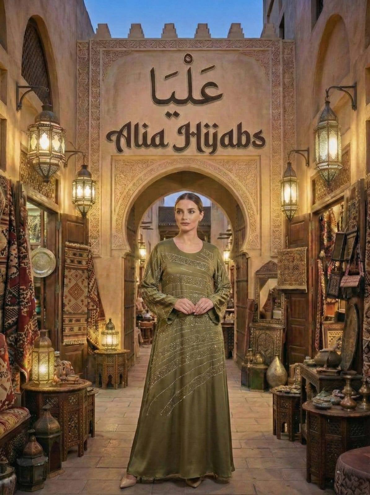 Green Satin & Rhinestones Gabaliya/Dishdasha