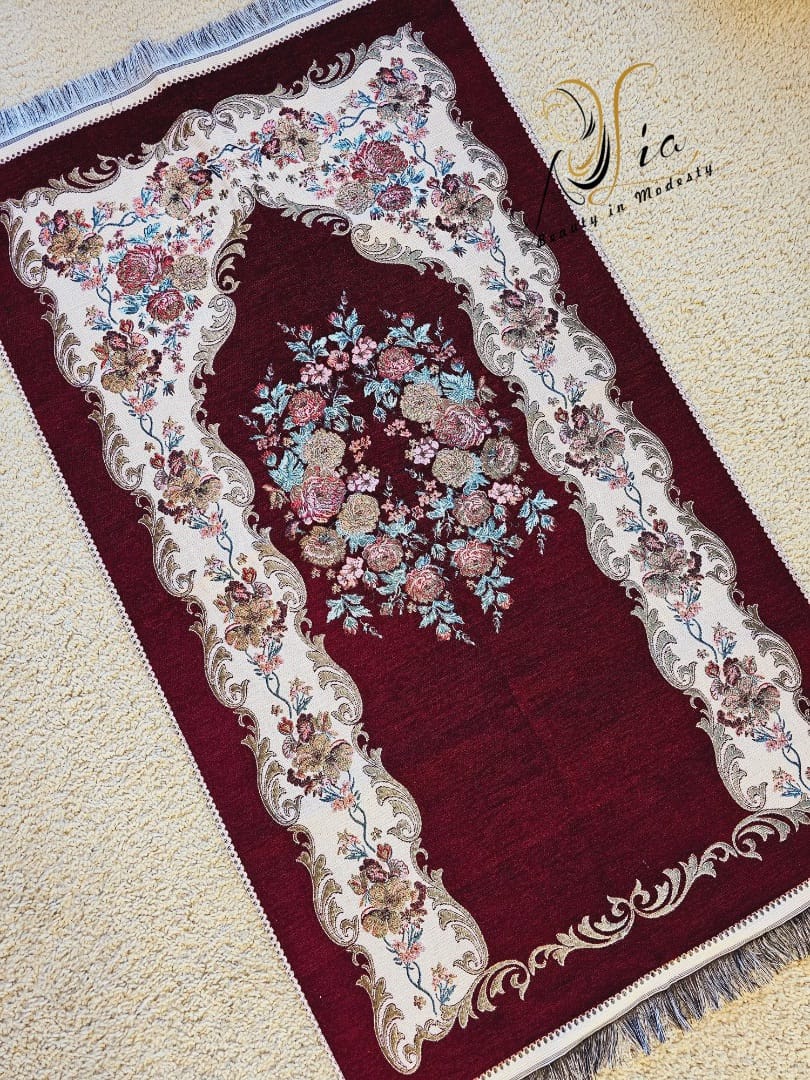 Burgundy Flowers Thin Islamic Prayer Rug