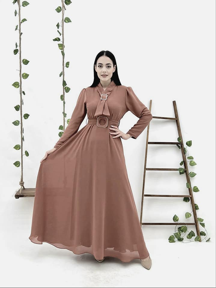 Plain Dark Beige Women Long Dress