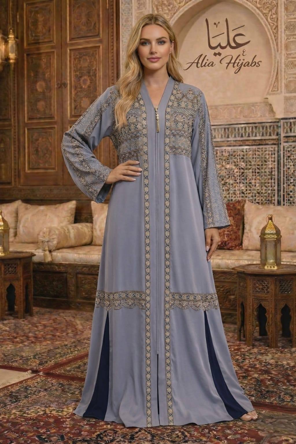 Gray Zipper Embroidered Galabiya