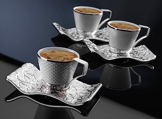 White-Silver Fancy Greek/Turkish Coffee Cups Set of 6