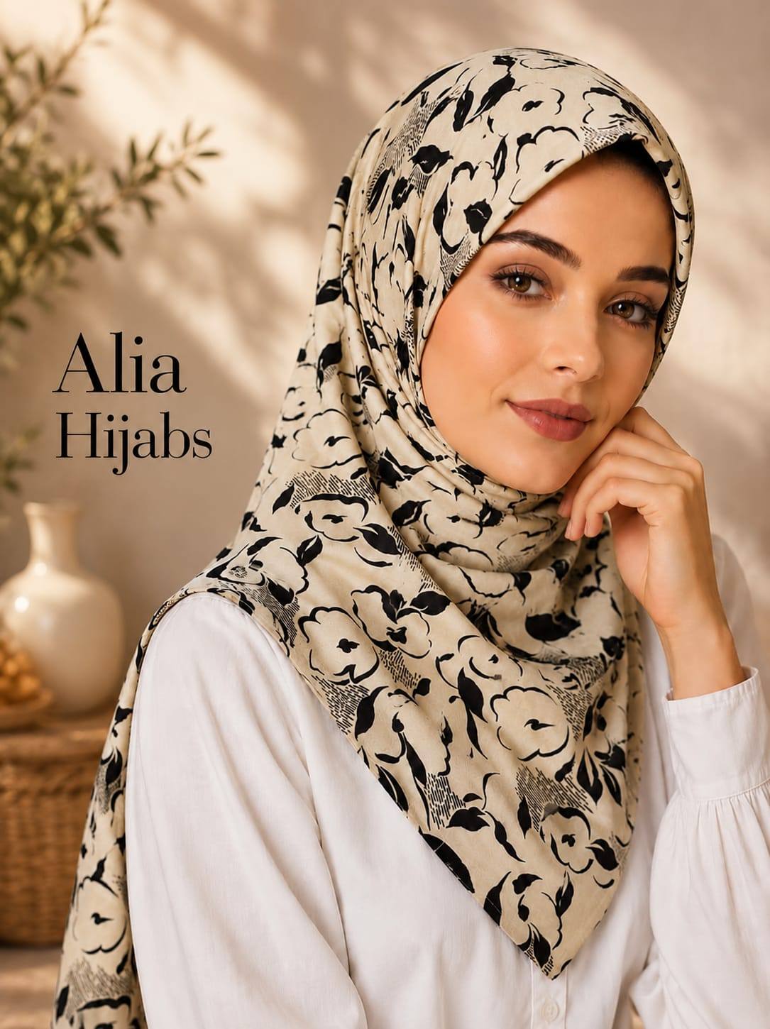 Cream & Black Satin Square Hijab - 21