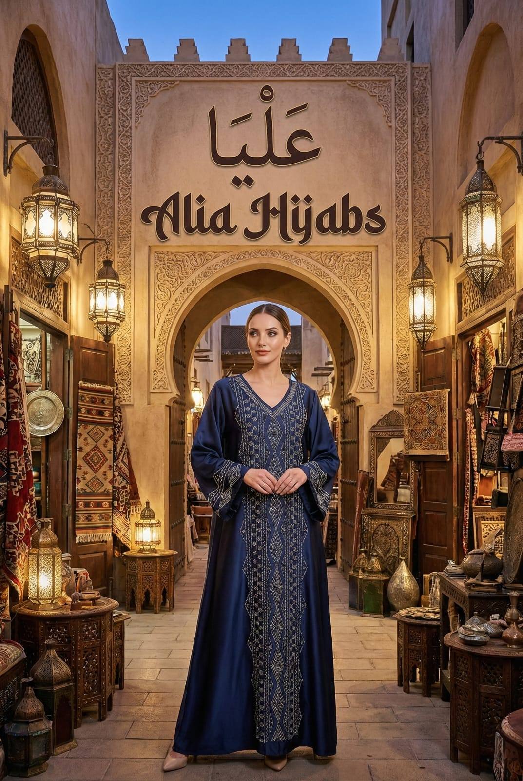 Navy Blue Satin & Rhinestones Gabaliya/Dishdasha