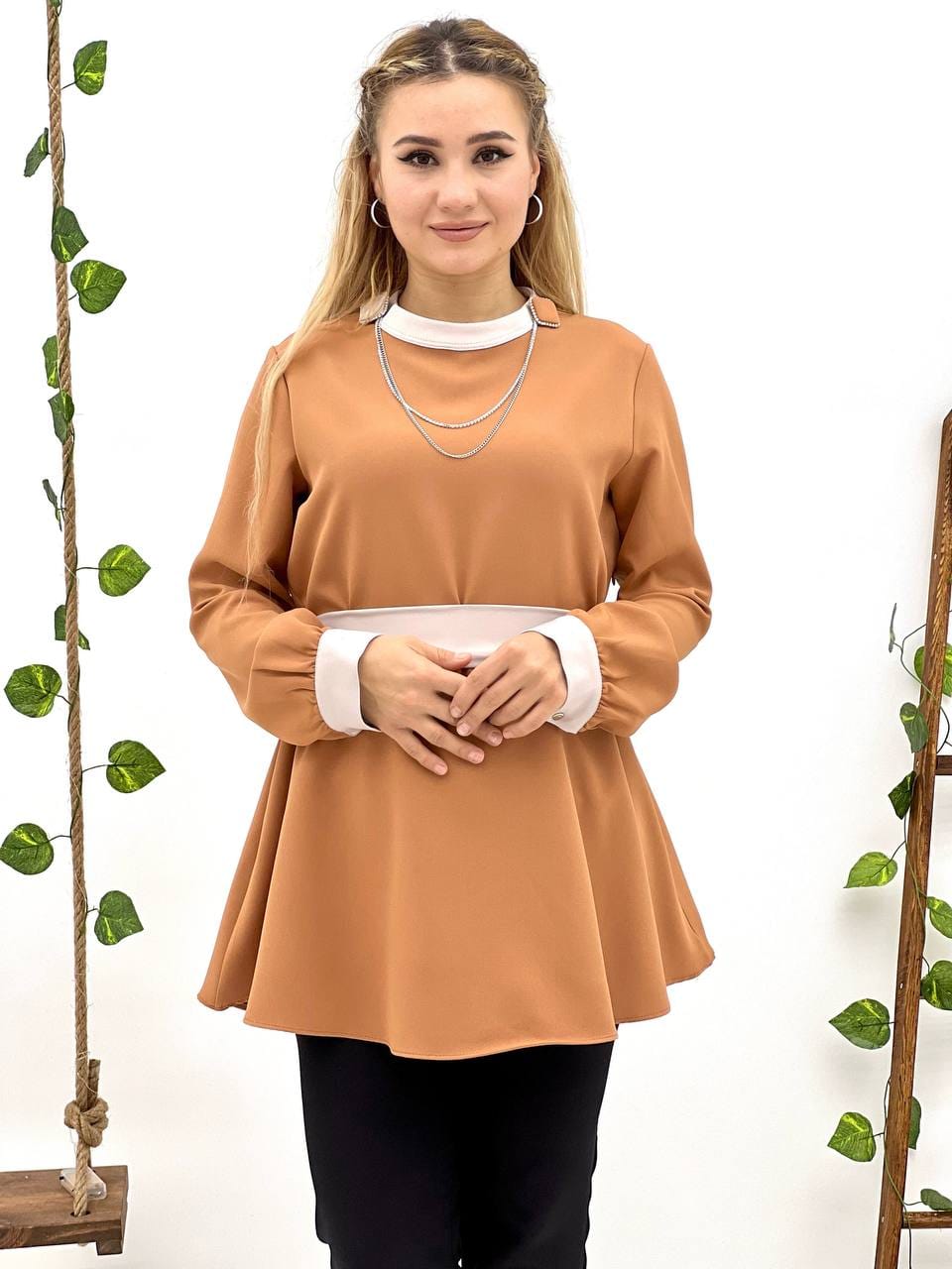 Light Brown & Tan Women's Summer Long Sleeve Blouse