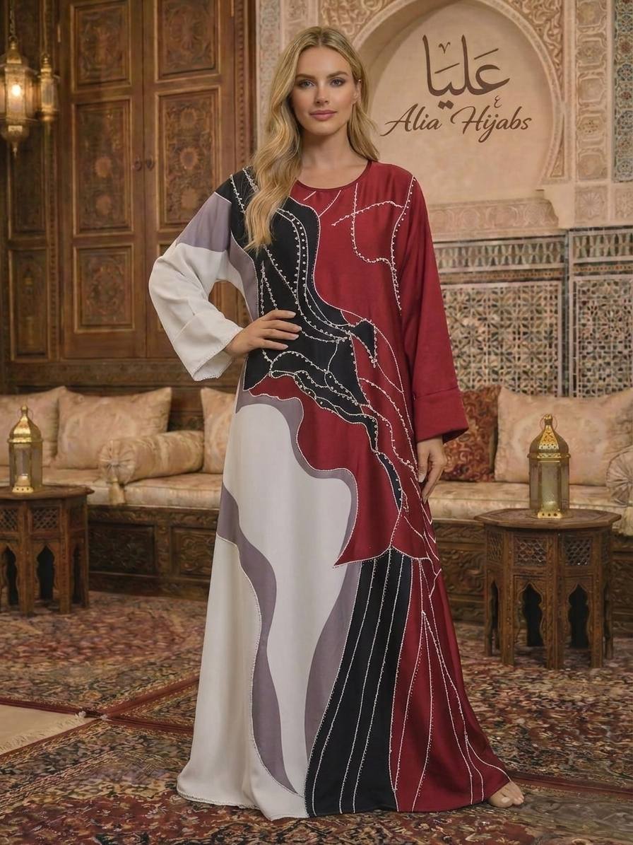 Burgundy, Black, Off White Fine Satin With Pearls & Rhinestones