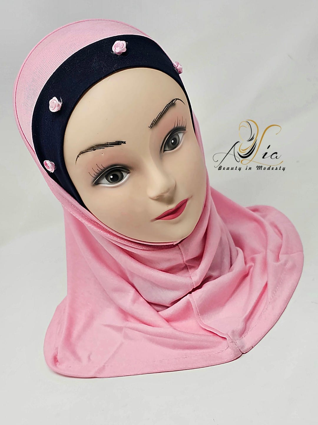 Pink/Navy Blue Two Piece Flowers Little Girls' Hijab