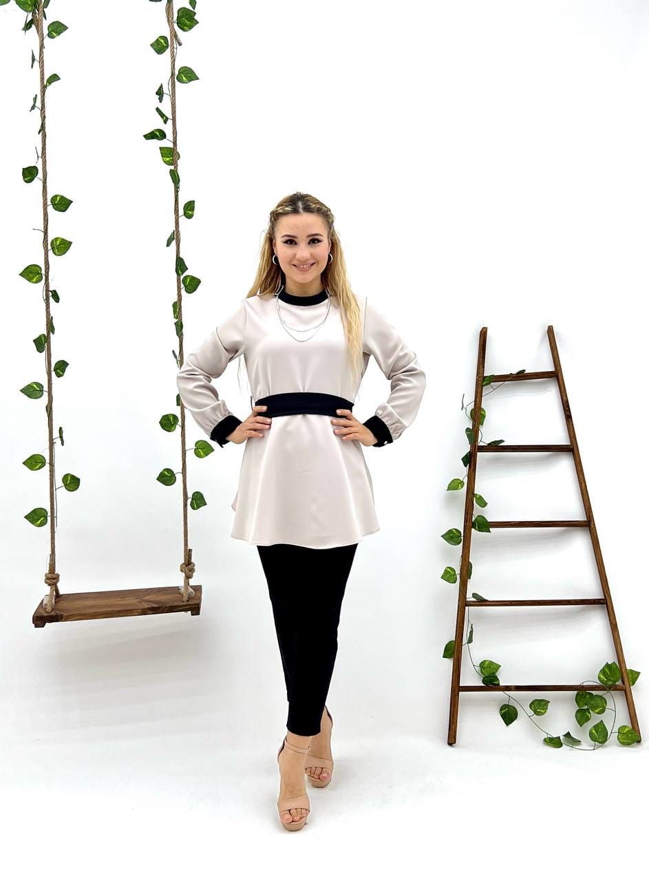 Tan & Black Women's Summer Long Sleeve Blouse