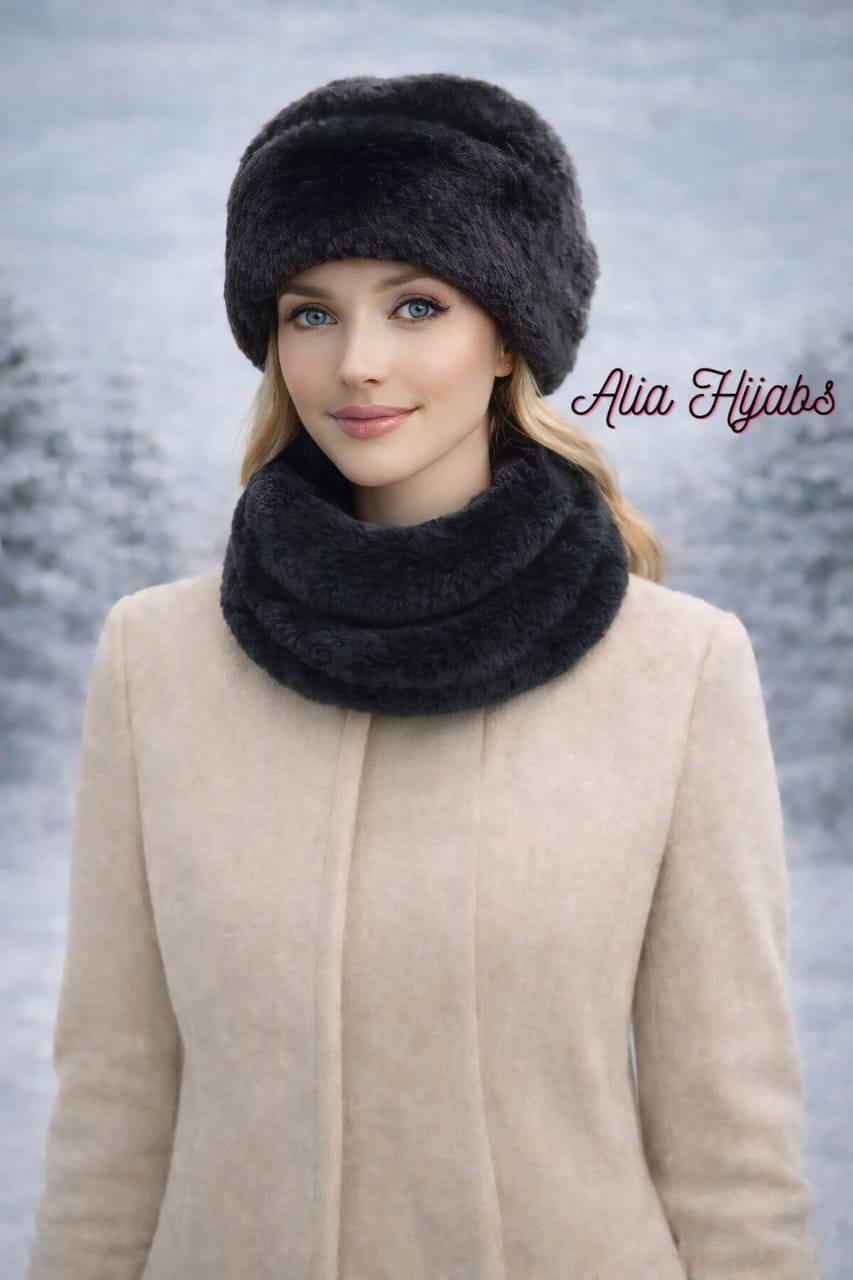 Black Fur Hat & Scarf Set