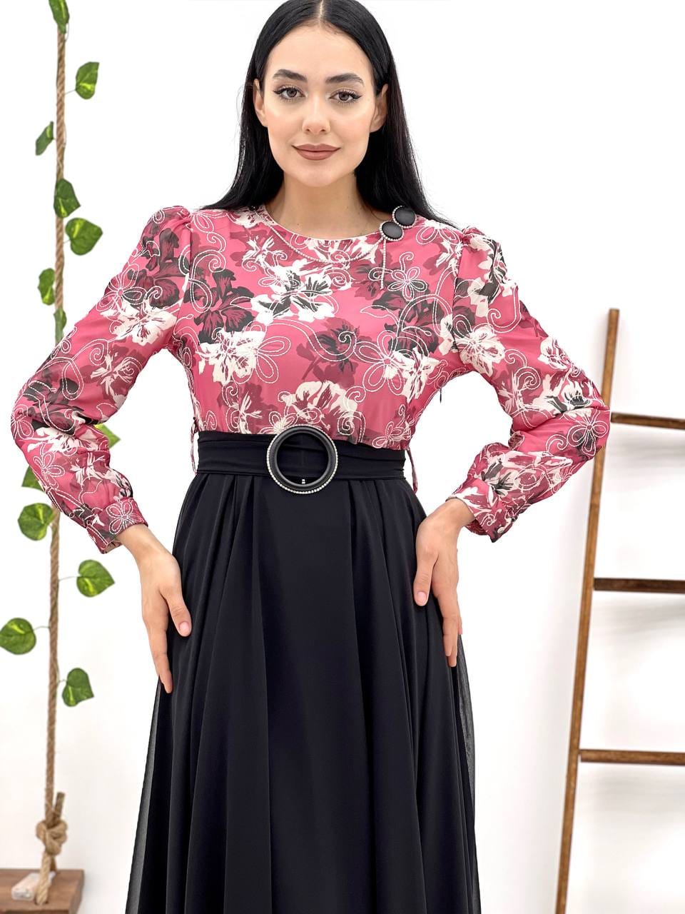 Rose Pink With Black Color Dress