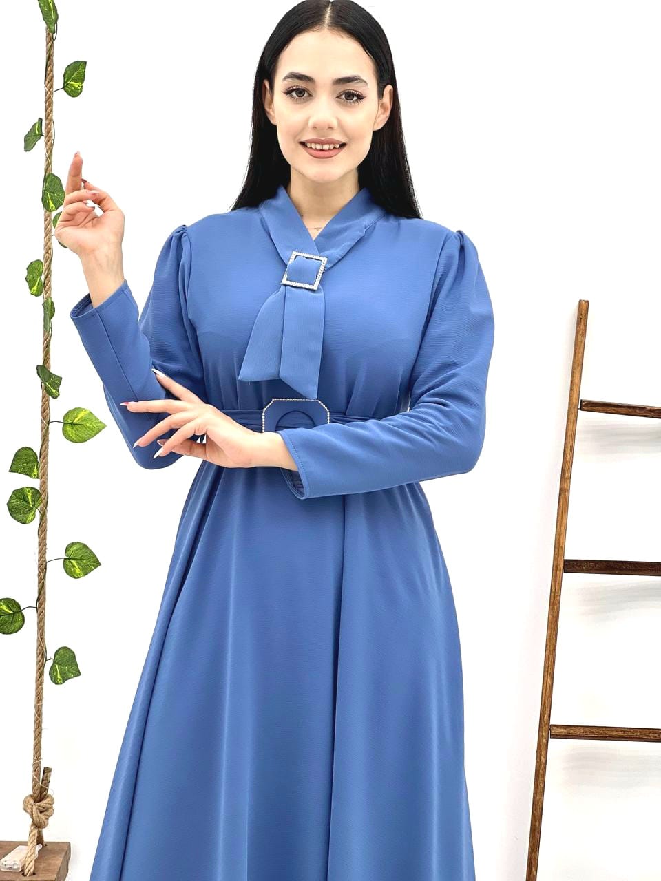 Plain Blue Women Long Dress