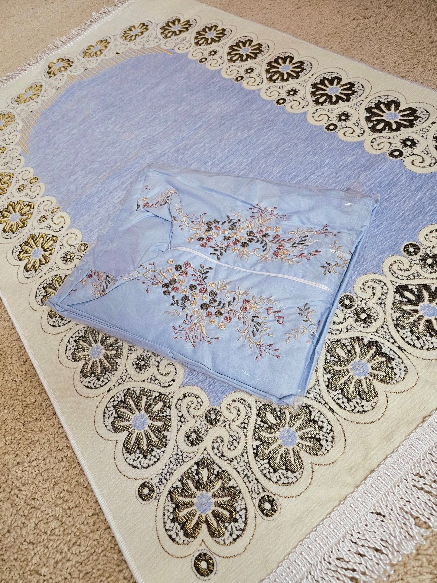 Set of Prayer Dress (Isdal) & Rug - Blue Dress & Blue/ Light Beige Rug