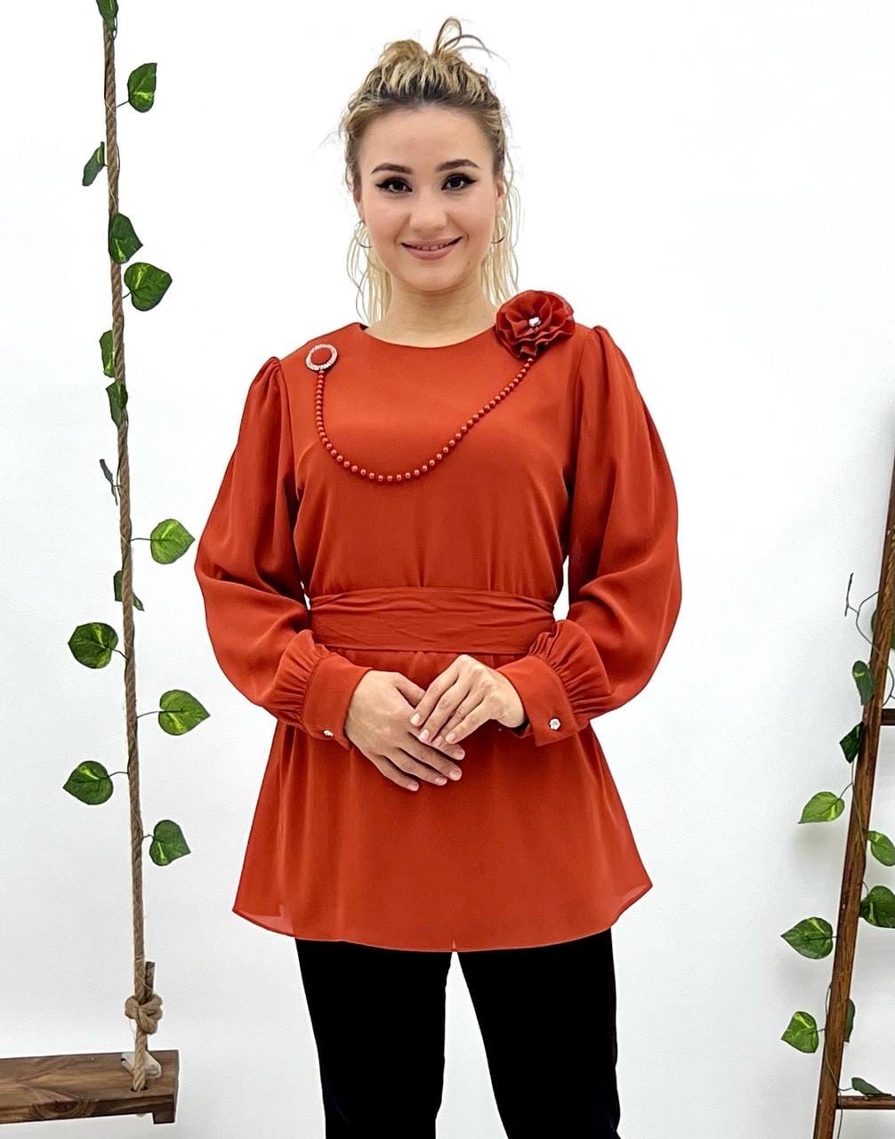 Dark Orange Women's Summer Long Sleeve Blouse
