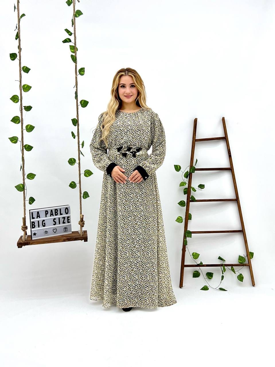 Light Beige, Black & Brown Prints, Big Size Women Long dress