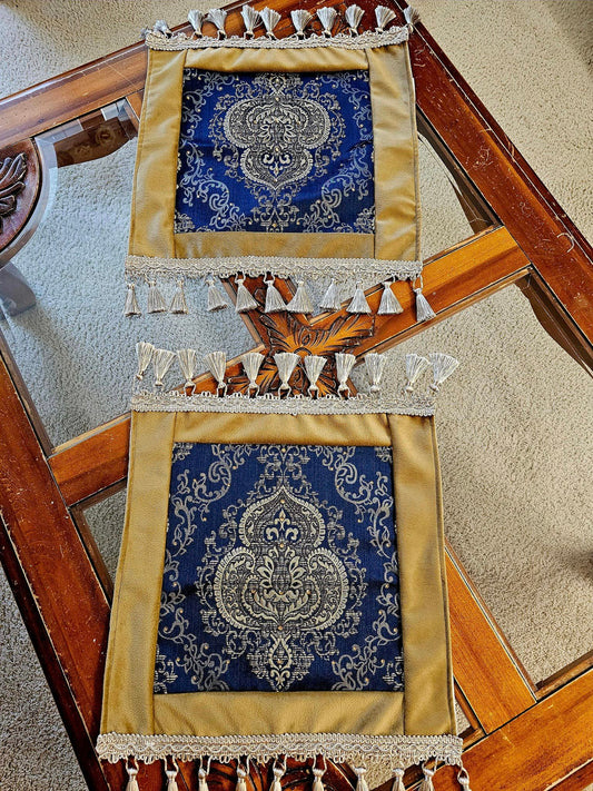 Two Pcs Fancy Navy Blue & Dark Beige End Table Covers With Tassels