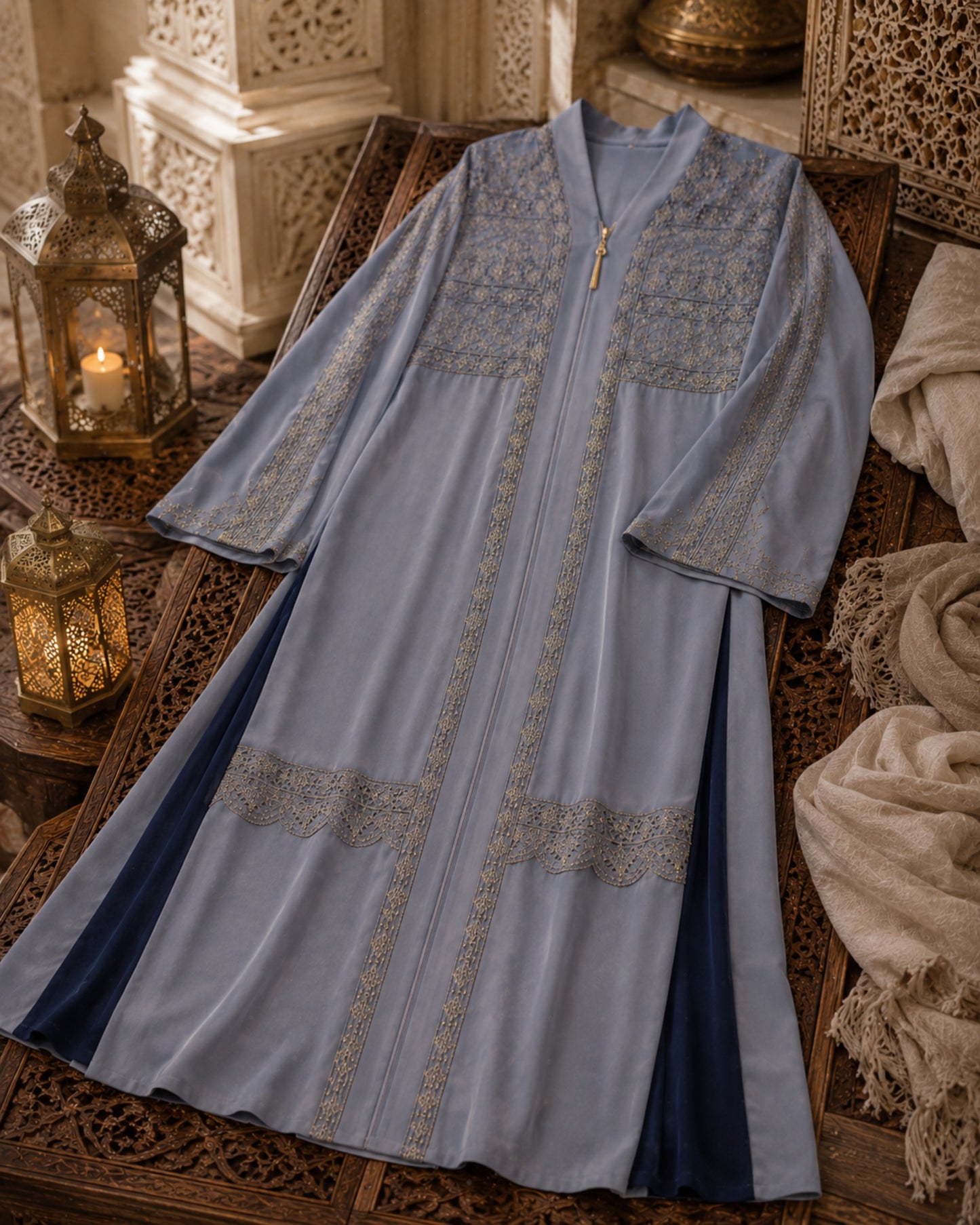 Blue embroidered dress on a wooden chair with lanterns and fabric in the background