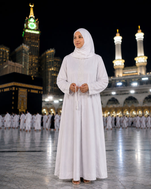 Woman in a white outfit standing in front of illuminated buildings at night.