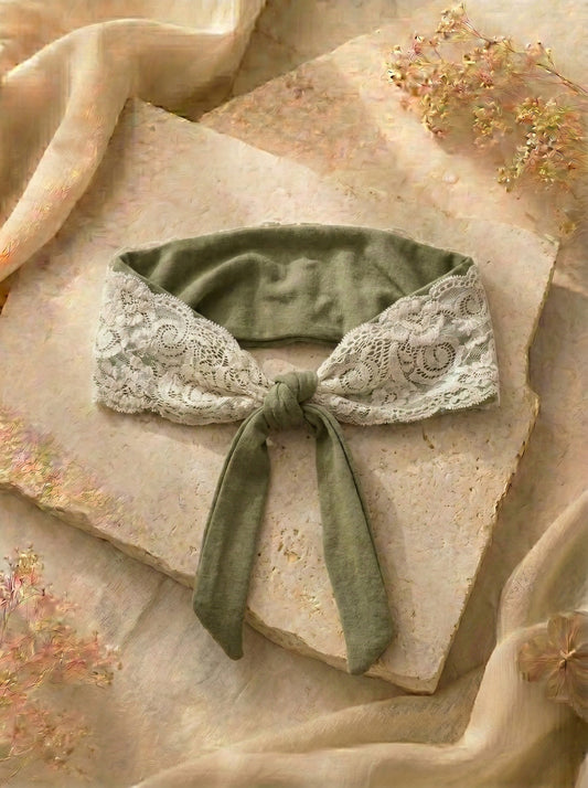 Off-White/Olive Green Tie Cotton Headband