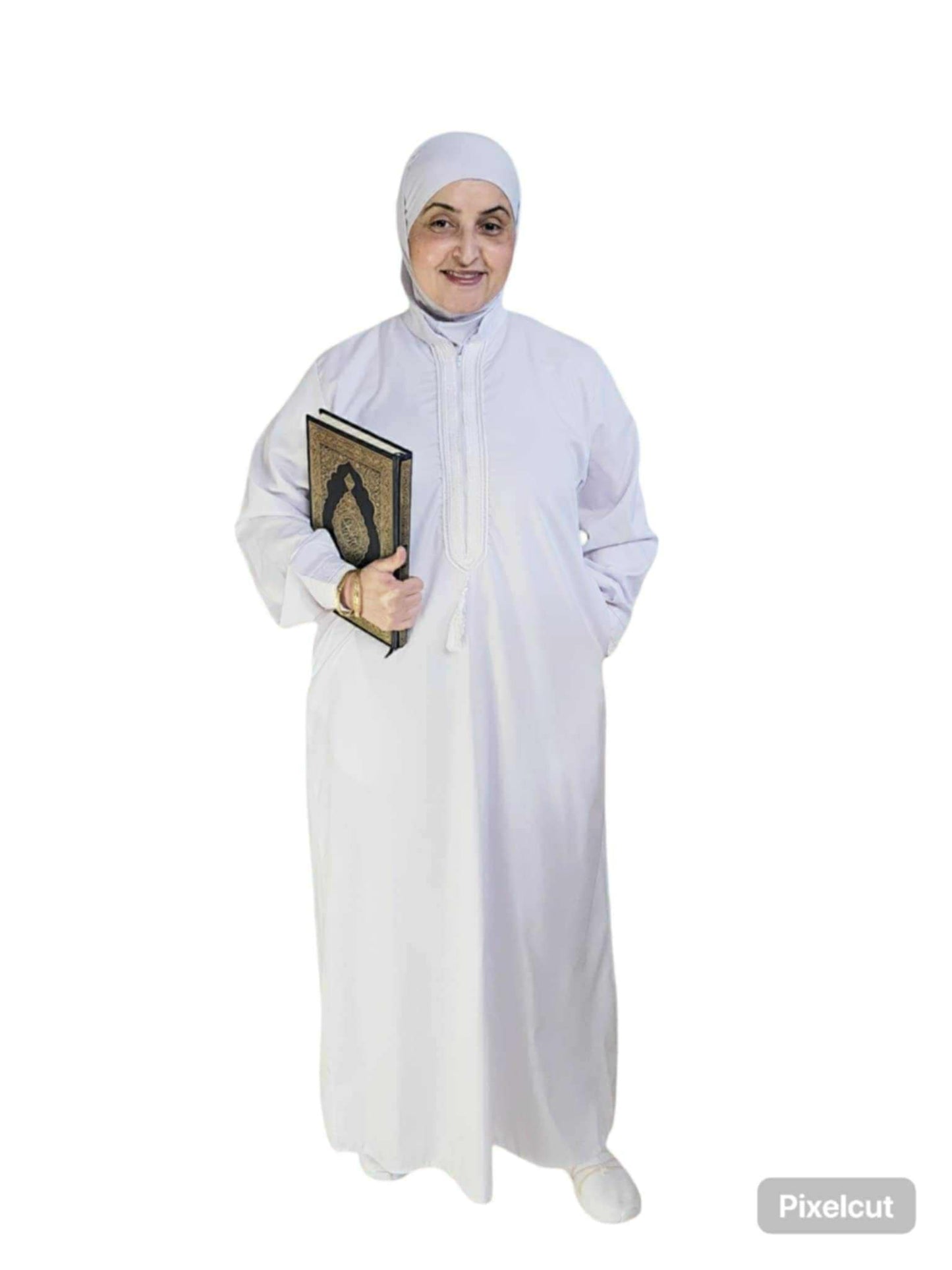Person wearing a white outfit holding a black book on a white background