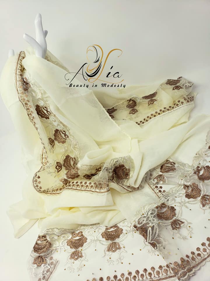 Cream/Golden Brown Flowers Light Cotton & Tulle Embroidered Shawl