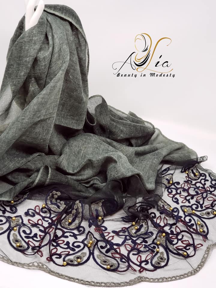 Army Green Cotton Embroidered Shawl ESH24