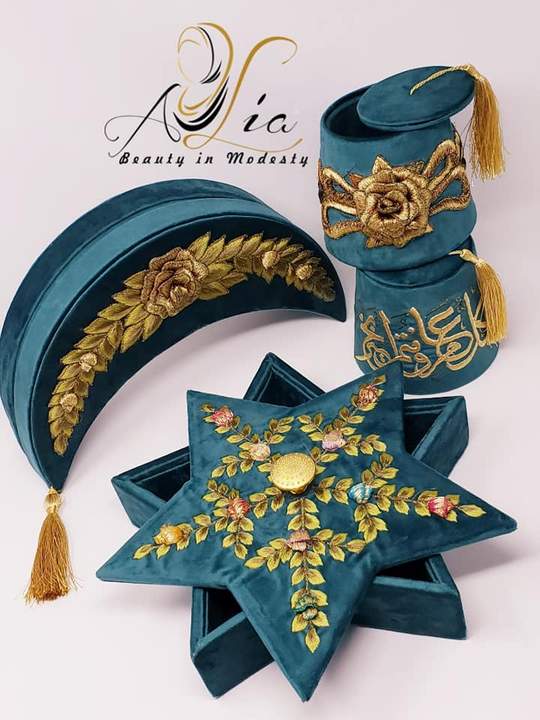 Green Turquoise Big Size Fez Hat 3D Flower Guest Serving Velvet Container