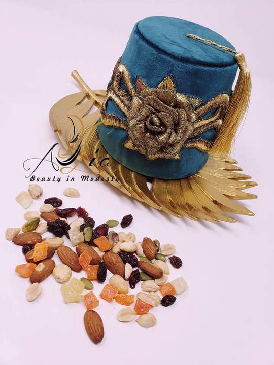 Green Turquoise Big Size Fez Hat 3D Flower Guest Serving Velvet Container