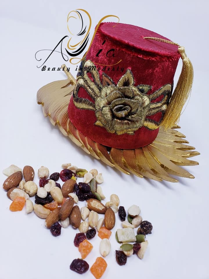 Burgundy Big Size Fez Hat 3D Flower Guest Serving Velvet Container