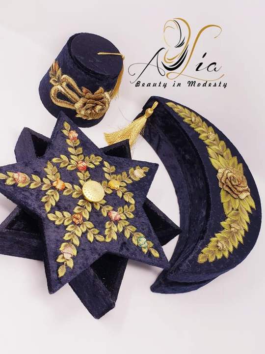 Navy Blue Big Size Fez Hat 3D Flower Guest Serving Velvet Container