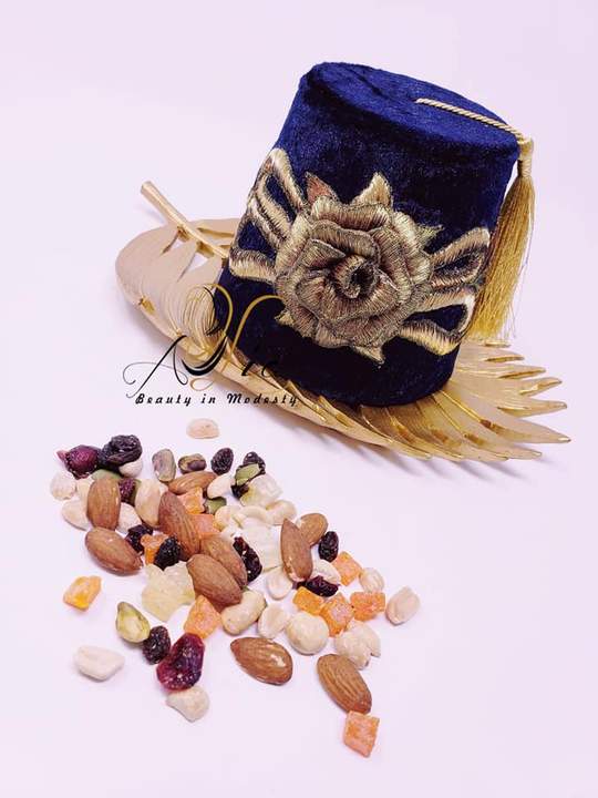 Navy Blue Big Size Fez Hat 3D Flower Guest Serving Velvet Container