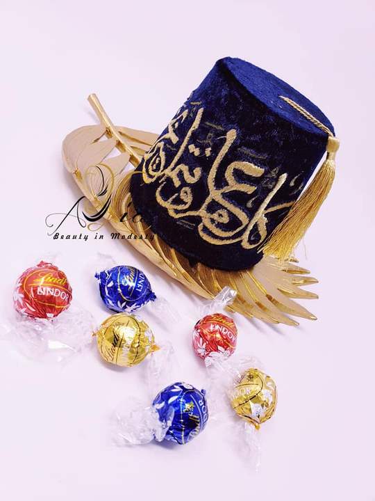 Navy Blue Big Size Fez Hat Happy Eid Guest Serving Velvet Container