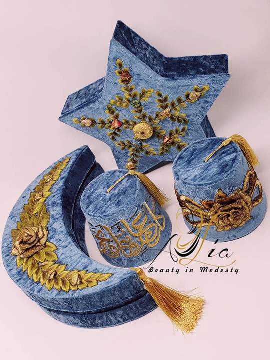 Steel Blue Big Size  Fez Hat Happy Eid Guest Serving Velvet Container