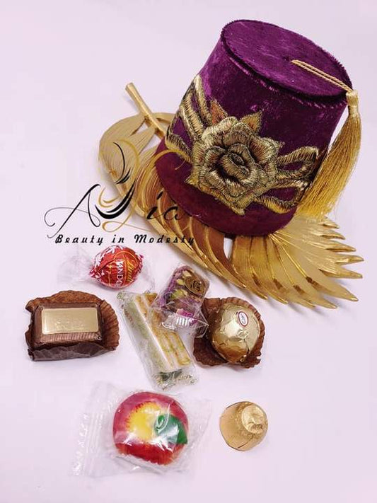 Purple Big Size Fez Hat 3D Flower Guest Serving Velvet Container