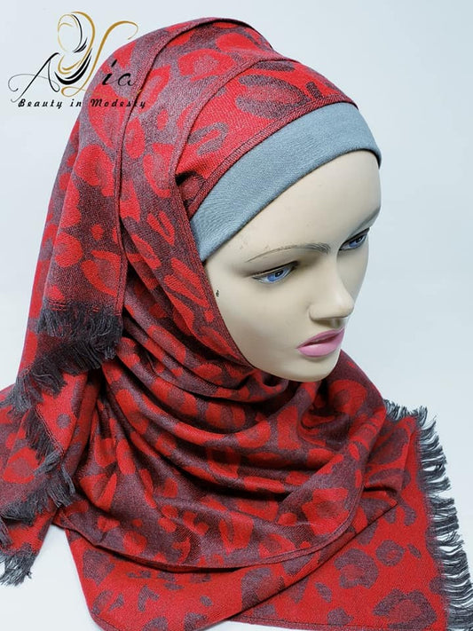 Brick Red/Gray Printed Cotton Shawl