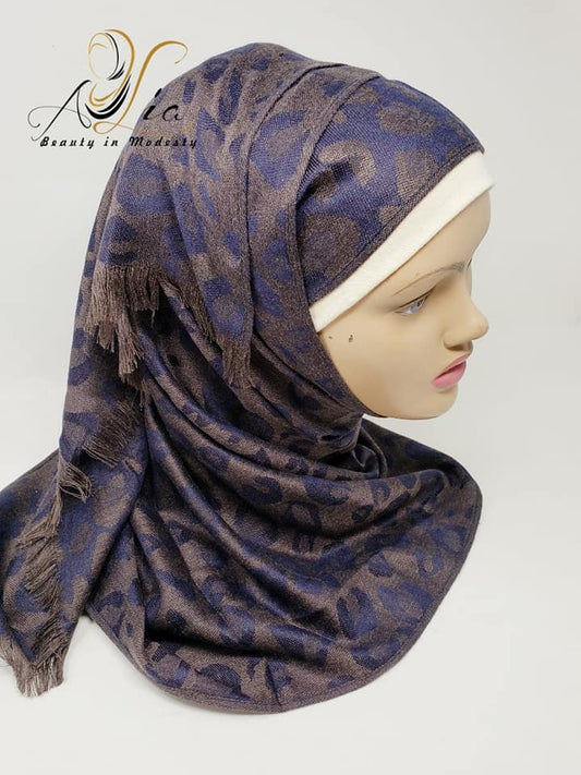 Navy Blue/Brown Printed Cotton Shawl