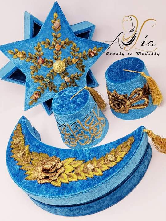 Azure Blue Big Size Fez Hat Happy Eid Guest Serving Velvet Container