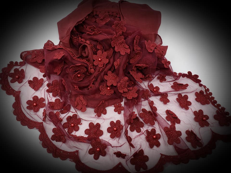 Soft Cotton Shawl With Flowers & Pearls 009