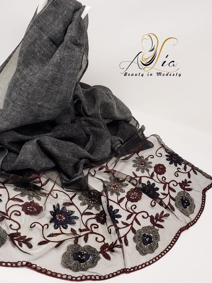 Shadow Gray Cotton Embroidered Shawl ESH06