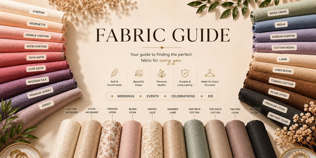 Hijab fabric guide comparing chiffon, jersey, satin, modal, lace, cotton, lycra, and other popular hijab fabrics to help choose the best material for comfort, coverage, and styling.