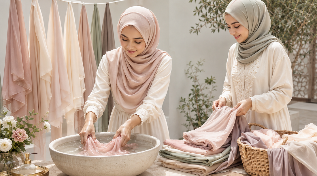 Two women wearing neutral-toned hijabs gently hand-wash and fold pastel chiffon hijabs in a bright, floral-decorated room.