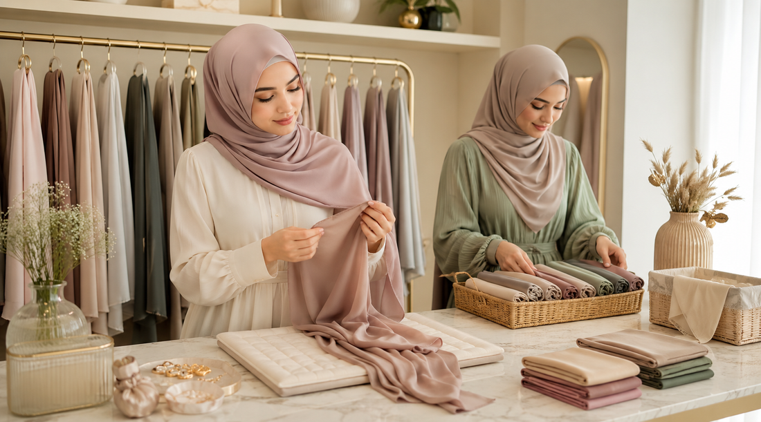 Hijabi woman inspecting delicate hijab fabric and organizing scarves to prevent snags, wrinkles, and fabric damage.