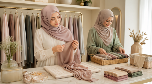 Hijabi woman inspecting delicate hijab fabric and organizing scarves to prevent snags, wrinkles, and fabric damage.