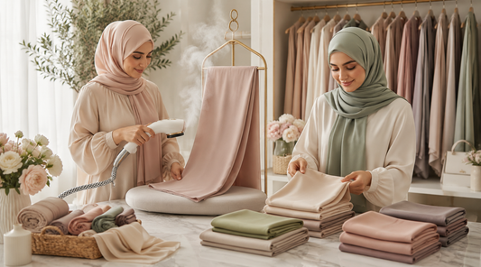 woman removing wrinkles from chiffon hijab using garment steamer
