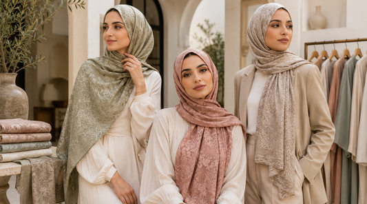 Three women wearing textured olive, dusty rose, and beige hijabs in an elegant boutique setting.