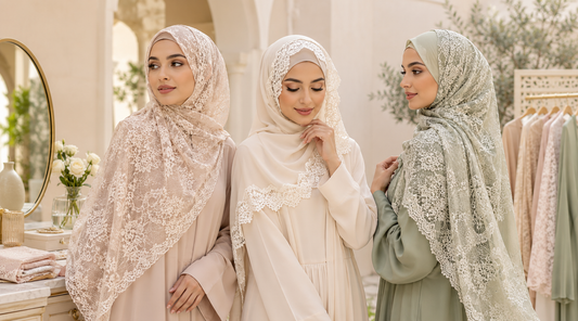 three women wearing lace hijabs in neutral beige/ivory and soft sage tones in an elegant boutique-like setting.