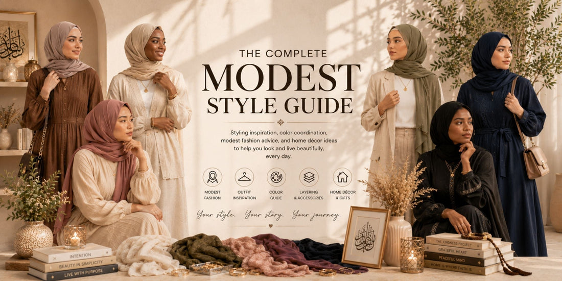 Modest fashion style guide featuring hijab styling inspiration, outfit coordination, layering ideas, accessories, color matching, and Islamic home décor for everyday and formal wear.