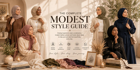 Modest fashion style guide featuring hijab styling inspiration, outfit coordination, layering ideas, accessories, color matching, and Islamic home décor for everyday and formal wear.