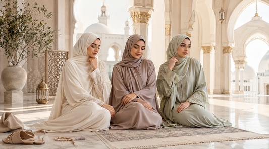 Three women in neutral-toned hijabs and modest dresses sitting together inside a bright mosque.