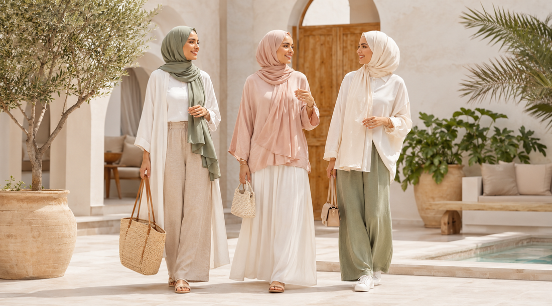Women wearing lightweight summer hijabs in breathable fabrics styled for warm weather and modest fashion.
