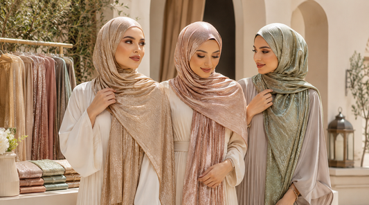 "Three women wearing champagne gold, blush pink, and sage green shimmer hijabs with elegant neutral outfits."  Copy alt text